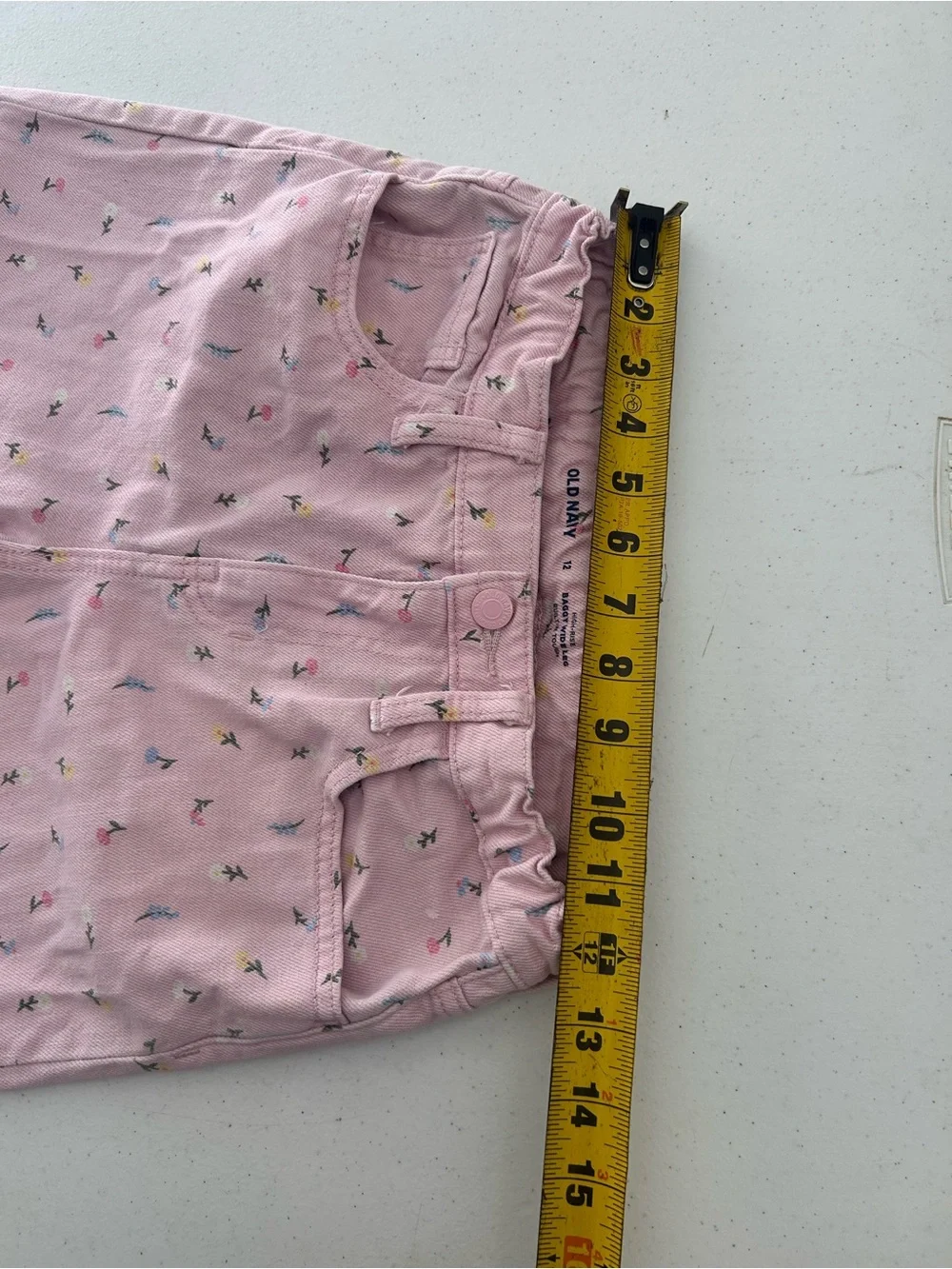 Old Navy Girls Size 12 High Rise Baggy Wide Leg Jeans Pink Floral Print Denim